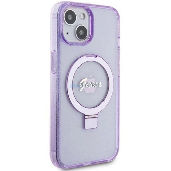 Husă Guess Ring Stand Script Glitter MagSafe pentru iPhone 15 - violet