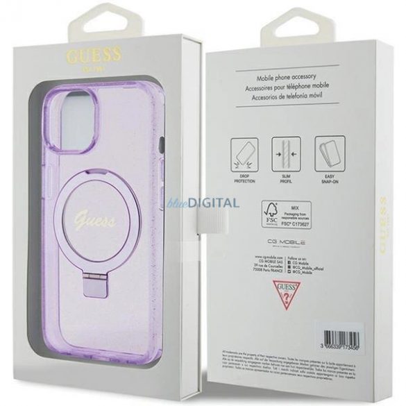 Husă Guess Ring Stand Script Glitter MagSafe pentru iPhone 15 - violet