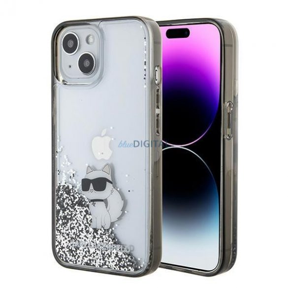 Karl Lagerfeld KLHCP15SLKCNSK Husă rigidă transparentă pentru iPhone 15 de 6,1 inchi Liquid Glitter Choupette