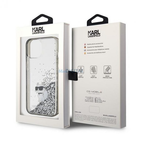 Karl Lagerfeld KLHCP15SLKCNSK Husă rigidă transparentă pentru iPhone 15 de 6,1 inchi Liquid Glitter Choupette