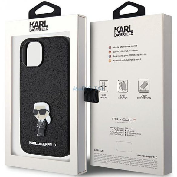 Karl Lagerfeld KLHCP15SGKNPSK iPhone 15 6.1" carcasă rigidă/neagră Fixed Glitter Ikonik Logo Metal Pin