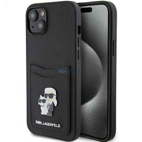 Karl Lagerfeld KLHCP15SSAPKCNPK iPhone 15 6.1" carcasă rigidă/neagră Saffiano Slot pentru carduri Karl&Choupette Metal Pin