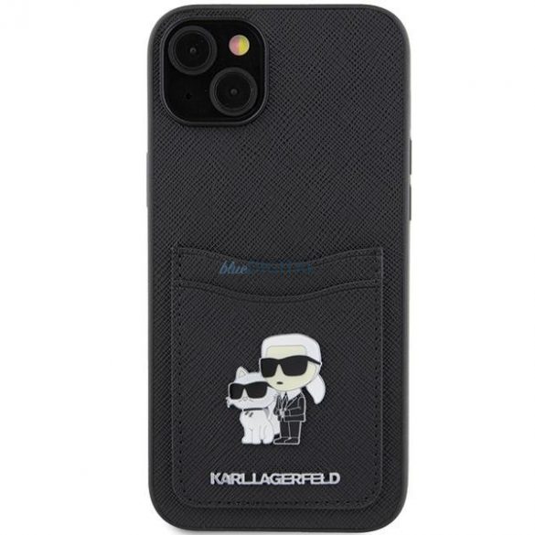 Karl Lagerfeld KLHCP15SSAPKCNPK iPhone 15 6.1" carcasă rigidă/neagră Saffiano Slot pentru carduri Karl&Choupette Metal Pin