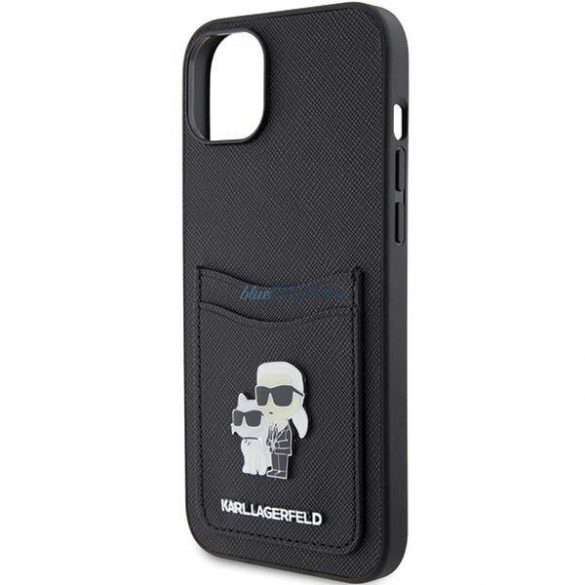 Karl Lagerfeld KLHCP15SSAPKCNPK iPhone 15 6.1" carcasă rigidă/neagră Saffiano Slot pentru carduri Karl&Choupette Metal Pin