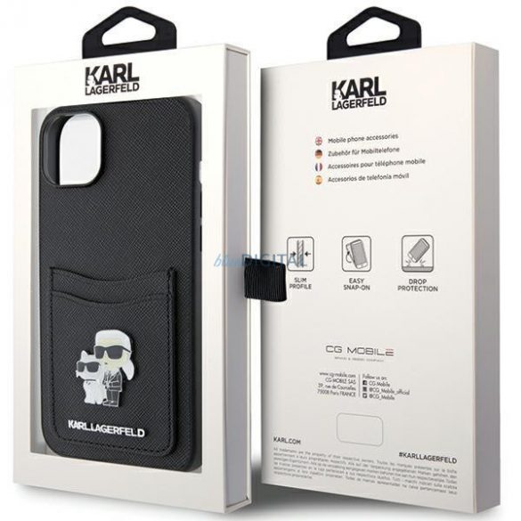 Karl Lagerfeld KLHCP15SSAPKCNPK iPhone 15 6.1" carcasă rigidă/neagră Saffiano Slot pentru carduri Karl&Choupette Metal Pin