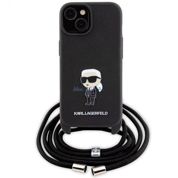 Etui Karl Lagerfeld Crossbody Saffiano Monogram Metal Pin Karl & Choupette pe iPhone 15 - czarne