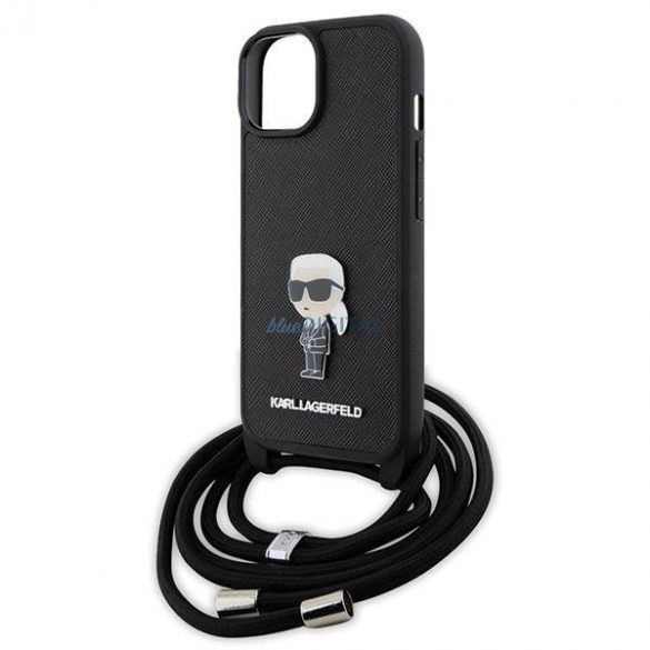 Etui Karl Lagerfeld Crossbody Saffiano Monogram Metal Pin Karl & Choupette pe iPhone 15 - czarne