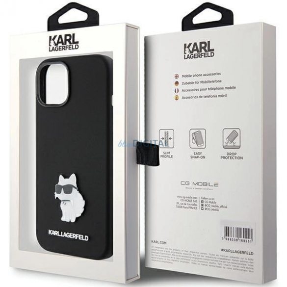 Husa Karl Lagerfeld Silicon Choupette Metal Pin pentru iPhone 15 - neagra