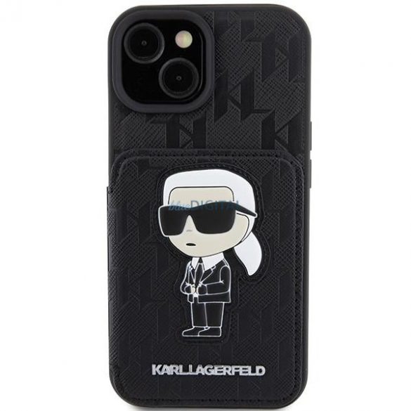 Karl Lagerfeld KLHCP15SSAKKNSCK iPhone 15 6.1" carcasă rigidă/neagră Saffiano sloturi pentru carduri și corespondență Ikonik cu monogramă