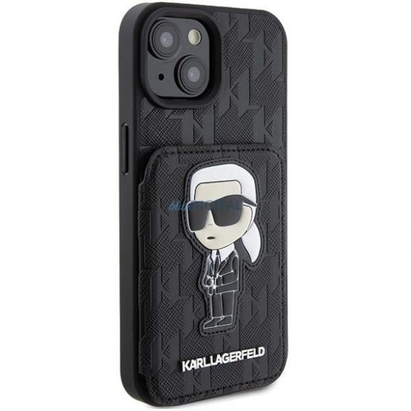 Karl Lagerfeld KLHCP15SSAKKNSCK iPhone 15 6.1" carcasă rigidă/neagră Saffiano sloturi pentru carduri și corespondență Ikonik cu monogramă