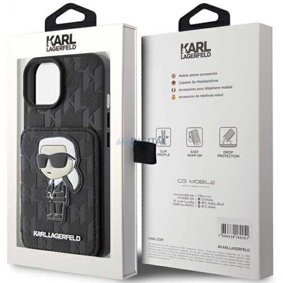 Karl Lagerfeld KLHCP15SSAKKNSCK iPhone 15 6.1" carcasă rigidă/neagră Saffiano sloturi pentru carduri și corespondență Ikonik cu monogramă