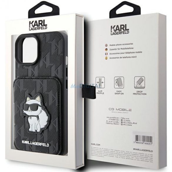 Karl Lagerfeld KLHCP15SSAKCNSCK iPhone 15 6.1" carcasă rigidă/neagră Saffiano Slot pentru carduri și suport Monogram Choupette