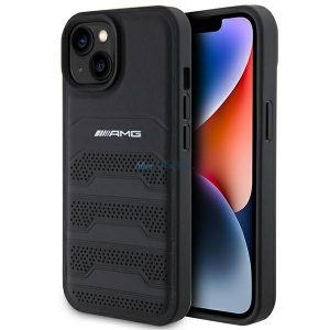 AMG AMHCP15MGSEBK Husă rigidă pentru iPhone 15 Plus 6,7 inchi/negru Linii gravate din piele