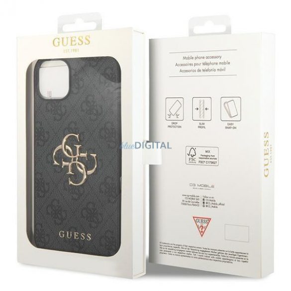 Etui Guess 4G Big Metal Logo pe iPhone 15 - szare