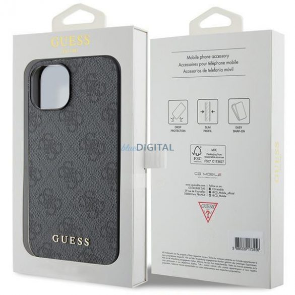 Etui Guess 4G Metal Gold Logo pe iPhone 15 - szare