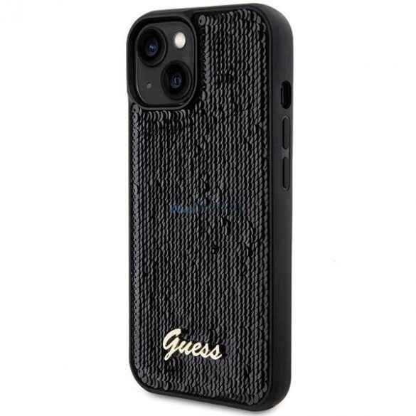 Husa Guess Sequin Script Metal pentru iPhone 14 / 15 / 13 - neagra