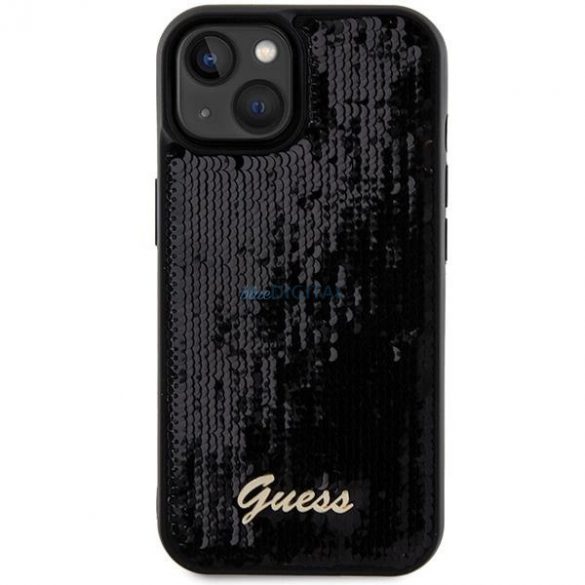 Husa Guess Sequin Script Metal pentru iPhone 14 / 15 / 13 - neagra