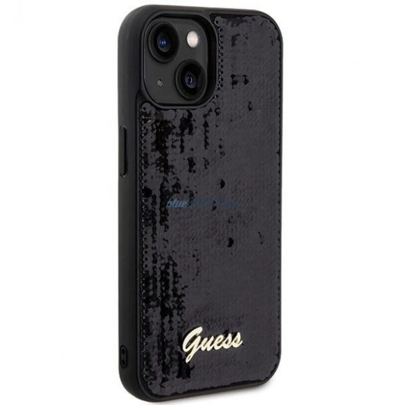 Husa Guess Sequin Script Metal pentru iPhone 14 / 15 / 13 - neagra