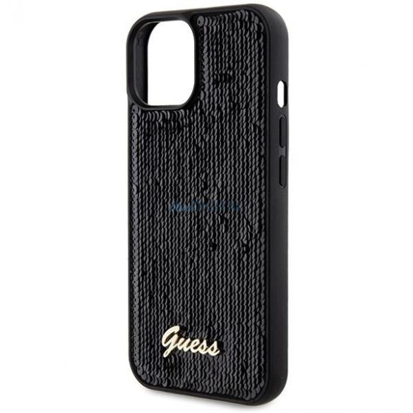 Husa Guess Sequin Script Metal pentru iPhone 14 / 15 / 13 - neagra