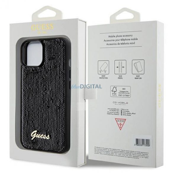 Husa Guess Sequin Script Metal pentru iPhone 14 / 15 / 13 - neagra