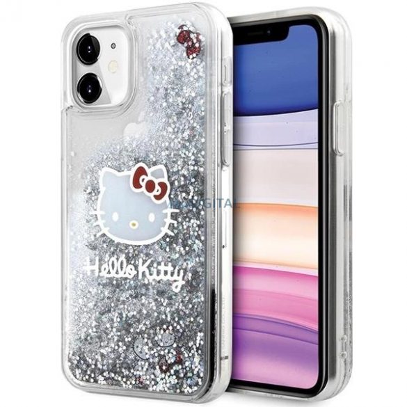 Husă Hello Kitty Liquid Glitter Charms Kitty Head pentru iPhone 11 / Xr - Argintie