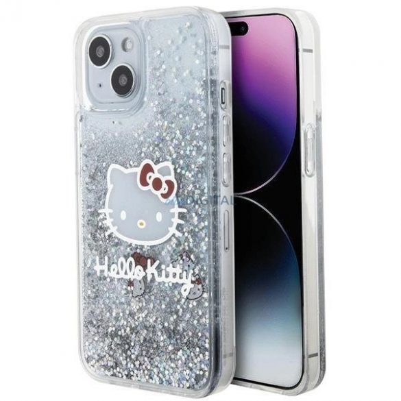 Husă Hello Kitty Liquid Glitter Charms Kitty Head pentru iPhone 15 - argintiu