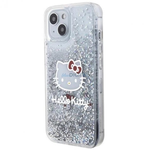 Husă Hello Kitty Liquid Glitter Charms Kitty Head pentru iPhone 15 - argintiu