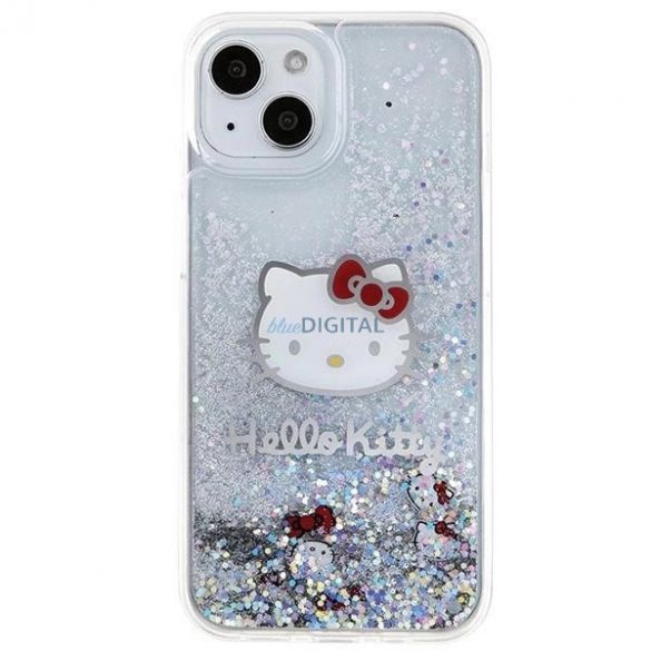 Husă Hello Kitty Liquid Glitter Charms Kitty Head pentru iPhone 15 - argintiu