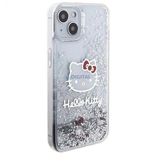 Husă Hello Kitty Liquid Glitter Charms Kitty Head pentru iPhone 15 - argintiu