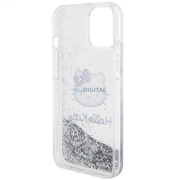 Husă Hello Kitty Liquid Glitter Charms Kitty Head pentru iPhone 15 - argintiu