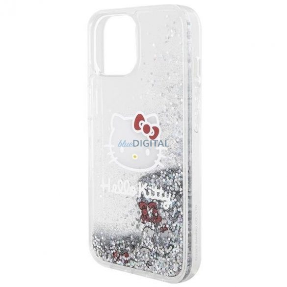 Husă Hello Kitty Liquid Glitter Charms Kitty Head pentru iPhone 15 - argintiu