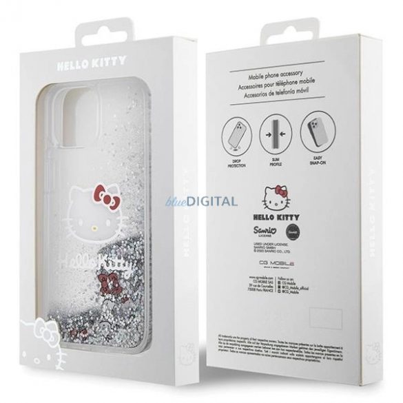 Husă Hello Kitty Liquid Glitter Charms Kitty Head pentru iPhone 15 - argintiu