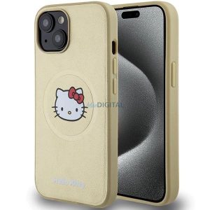 Husă Hello Kitty din piele Kitty Head MagSafe pentru iPhone 15 - auriu