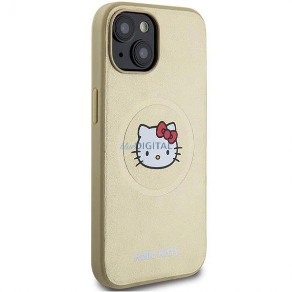 Husă Hello Kitty din piele Kitty Head MagSafe pentru iPhone 15 - auriu