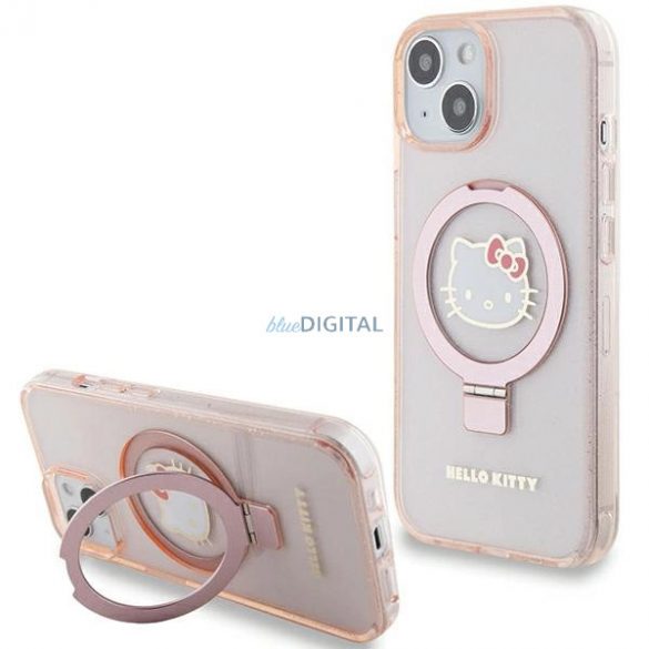 Etui Hello Kitty Ring Stand Glitter Electrop Logo MagSafe pe iPhone 15 / 14 / 13 - rożowe