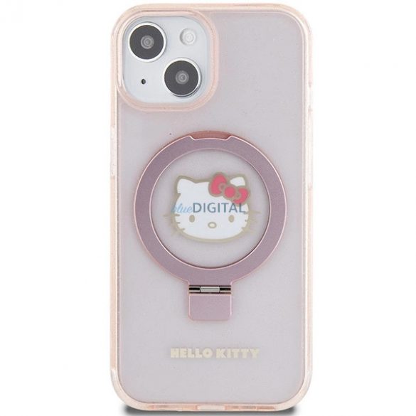 Etui Hello Kitty Ring Stand Glitter Electrop Logo MagSafe pe iPhone 15 / 14 / 13 - rożowe