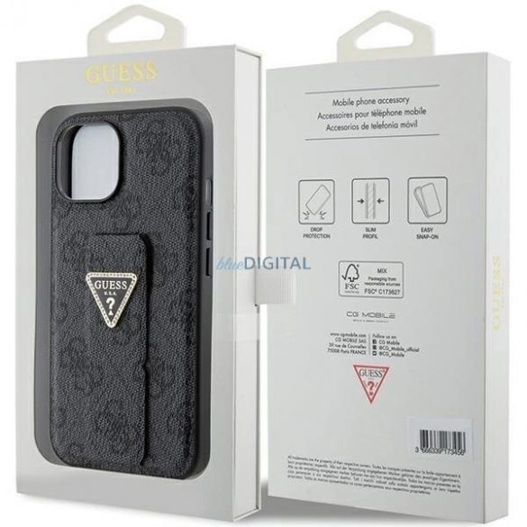 Husa Guess Grip Stand 4G Triangle Strass pentru iPhone 15 - neagra