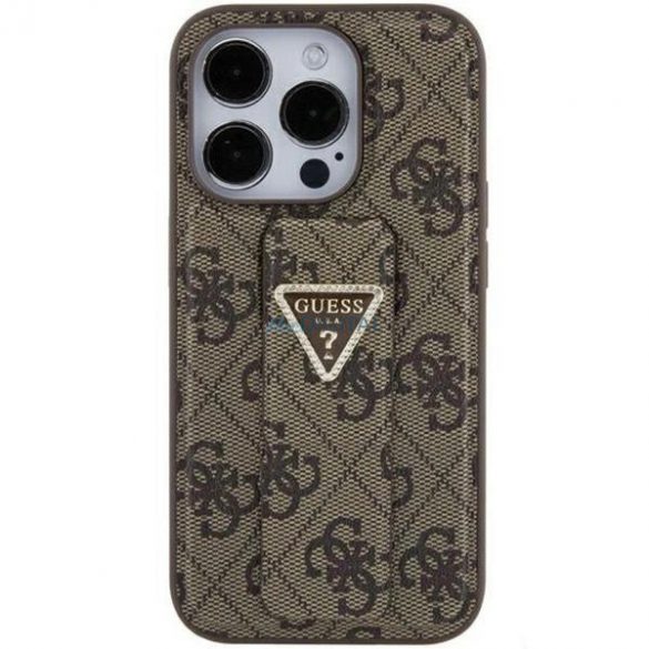 Husa Guess Grip Stand 4G Triangle Strass pentru iPhone 15 - maro