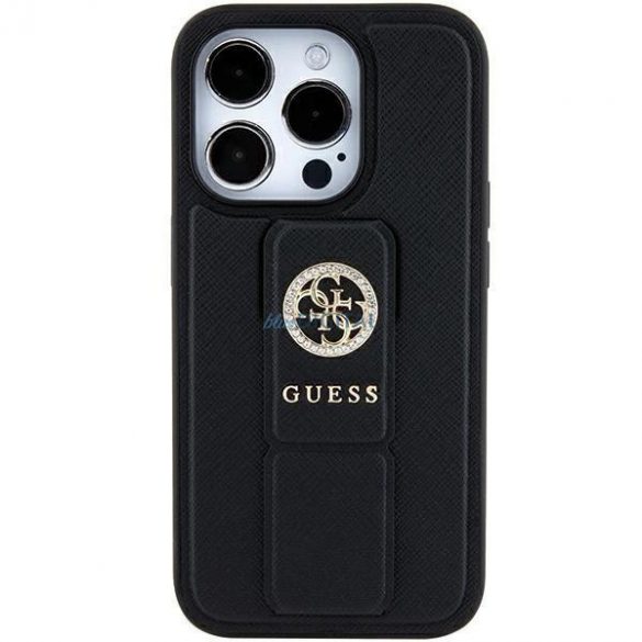 Husa Guess Grip Stand 4G Saffiano Strass pentru iPhone 15 - neagra