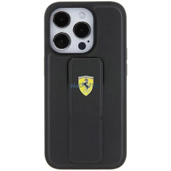 Husă Ferrari Grip Stand Metal Logo pentru iPhone 15 - neagră