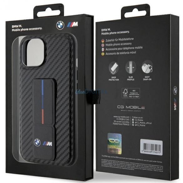 Husa BMW Grip Stand Smooth & Carbon pentru iPhone 15 - neagra