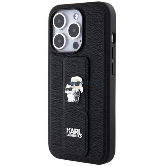 Husa Karl Lagerfeld Gripstand Saffiano Karl&Choupette Pins pentru iPhone 13 Pro / 13 - negru