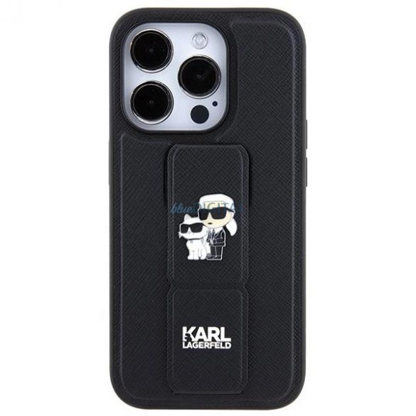 Husa Karl Lagerfeld Gripstand Saffiano Karl&Choupette Pins pentru iPhone 13 Pro / 13 - negru