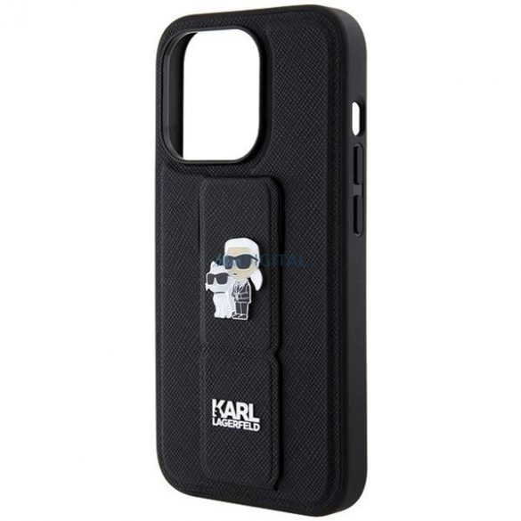 Husa Karl Lagerfeld Gripstand Saffiano Karl&Choupette Pins pentru iPhone 13 Pro / 13 - negru