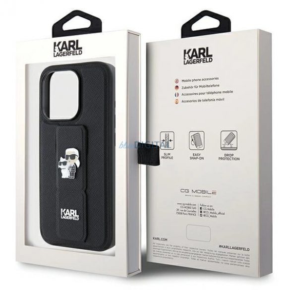 Husa Karl Lagerfeld Gripstand Saffiano Karl&Choupette Pins pentru iPhone 13 Pro / 13 - negru