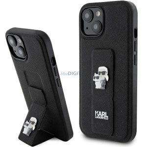 Husa Karl Lagerfeld Gripstand Saffiano Karl&Chouppette Pins pentru iPhone 15 - neagra