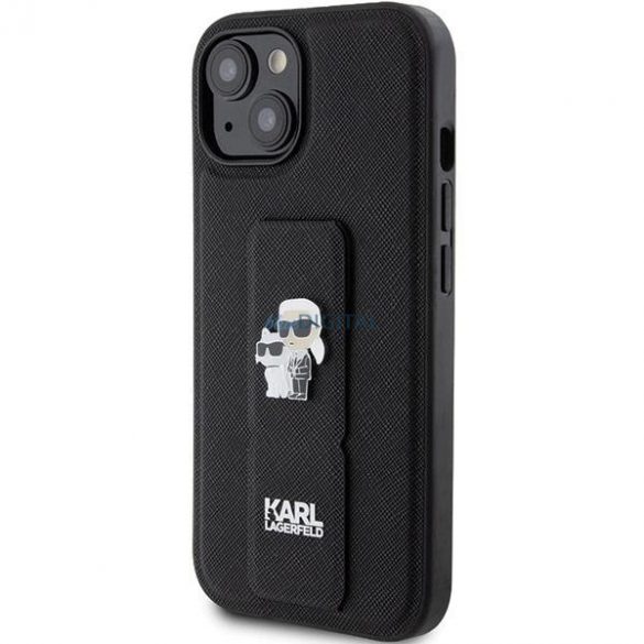 Husa Karl Lagerfeld Gripstand Saffiano Karl&Chouppette Pins pentru iPhone 15 - neagra