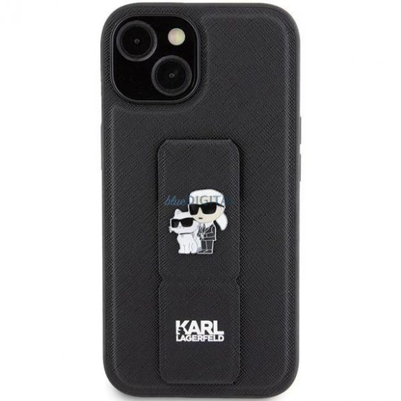 Husa Karl Lagerfeld Gripstand Saffiano Karl&Chouppette Pins pentru iPhone 15 - neagra