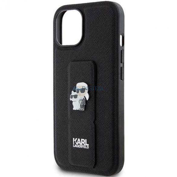 Husa Karl Lagerfeld Gripstand Saffiano Karl&Chouppette Pins pentru iPhone 15 - neagra