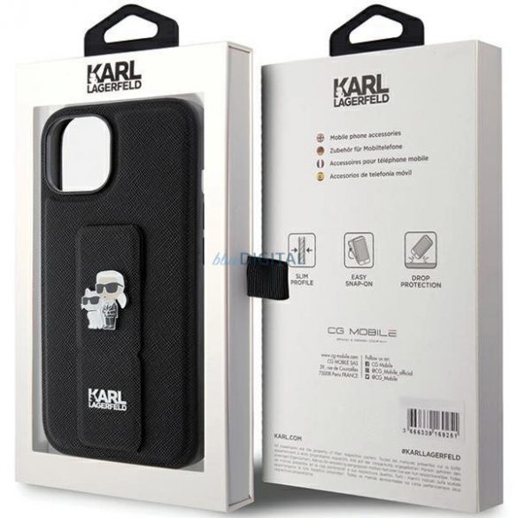 Husa Karl Lagerfeld Gripstand Saffiano Karl&Chouppette Pins pentru iPhone 15 - neagra